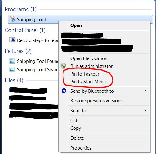 Snipping Tool Pin to Taskbar and Start Menu