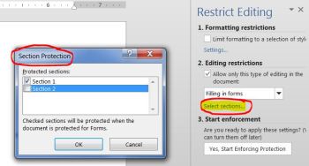 MS Word Select Sections to protect